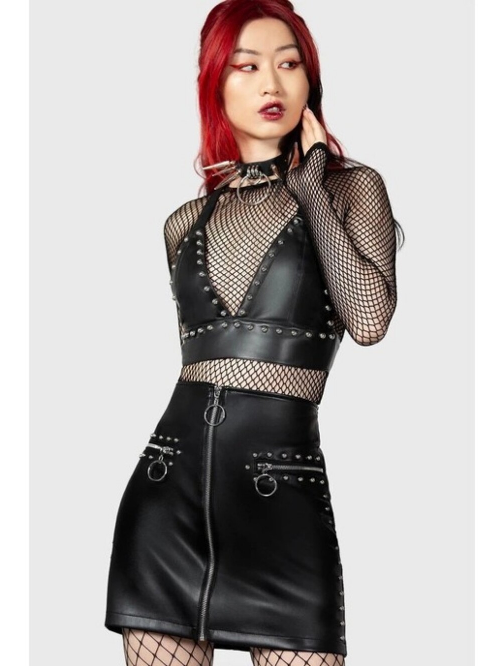 KILLSTAR Black Faux Leather Mini Skirt with Metal Rings